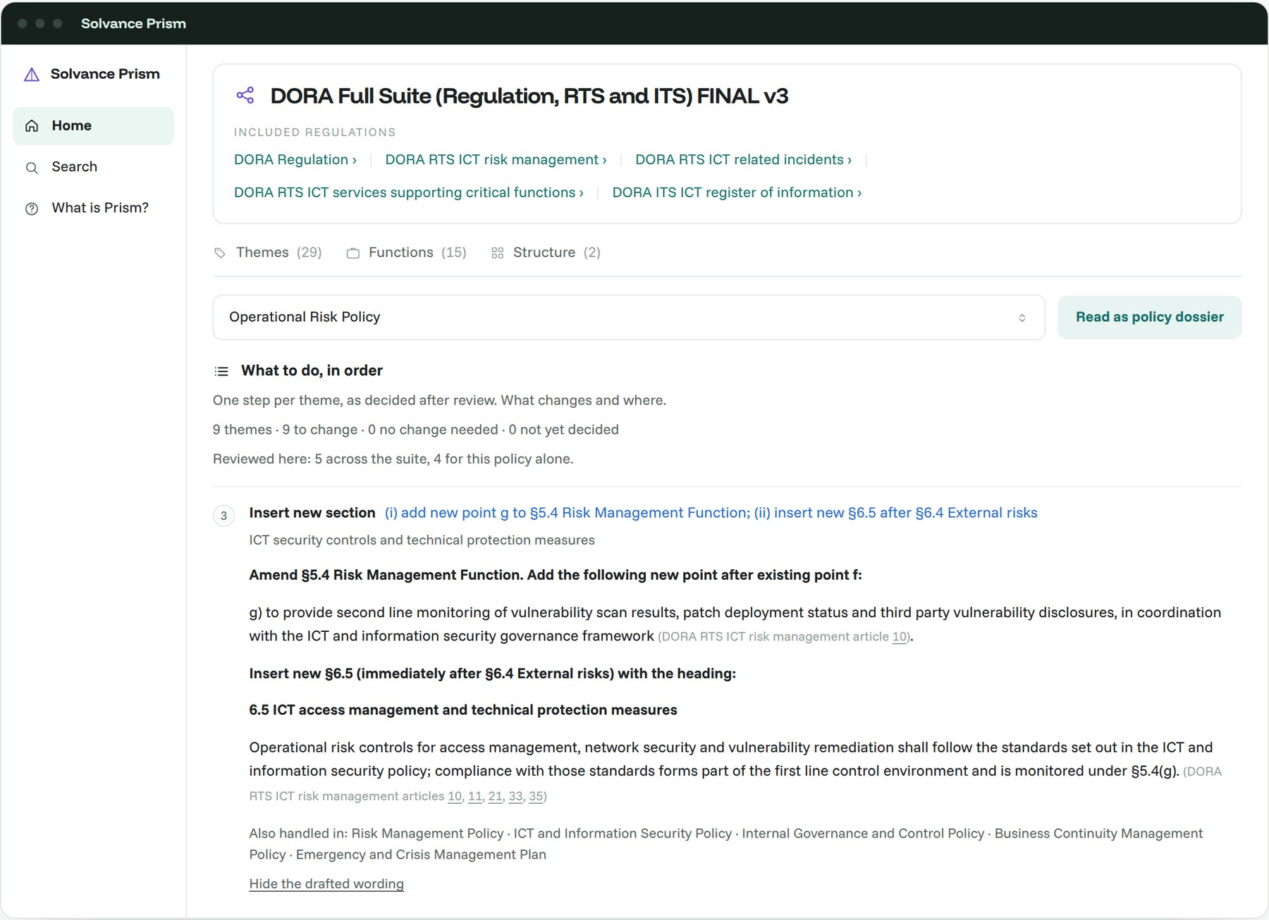 Solvance Prism showing the drafted wording for a policy section, numbered and ready to paste